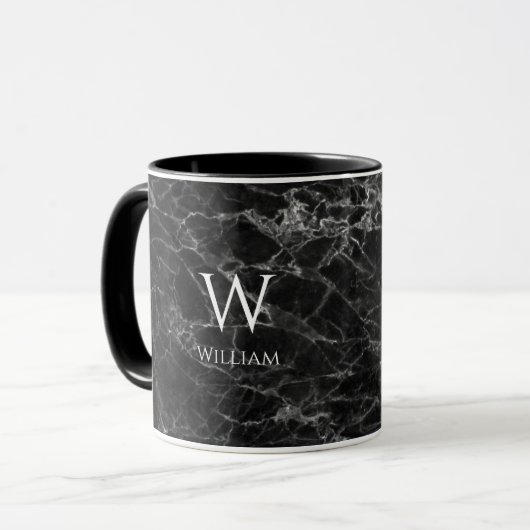 Monogram aus schwarzem Marmor Name Modern White In Tasse (Vorderseite Links)