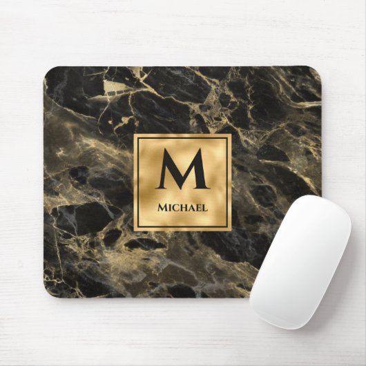 Monogram aus schwarzem und goldenem Marmor Elegant Mousepad (Mit Mouse)
