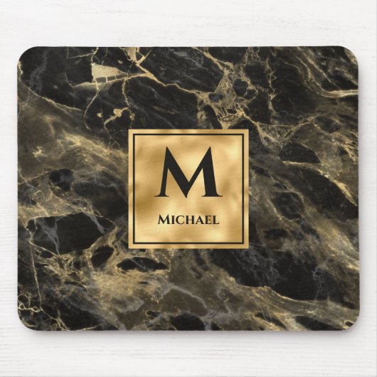 Monogram aus schwarzem und goldenem Marmor Elegant Mousepad (Vorne)