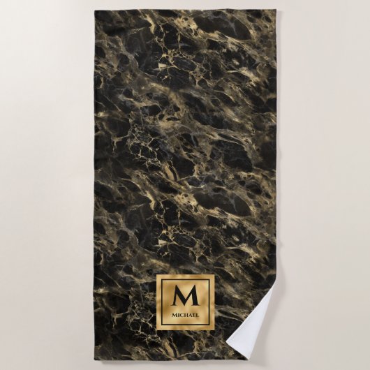 Monogram aus schwarzem und goldenem Marmor Elegant Strandtuch (Vorderseite)