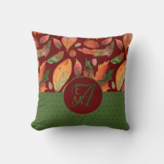 Monogram Autumn Leaves Fall Deep Red Green Decor Kissen (Vorderseite)