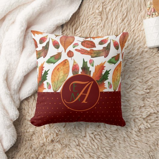 Monogram Autumn Leaves Fall Deep Red Green Decor Kissen (Decke)