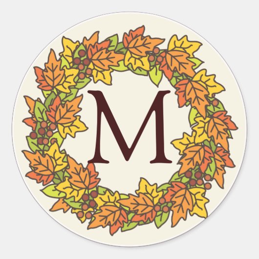 Monogram Autumn Wreath of Blätter Siegel Runder Aufkleber (Vorderseite)
