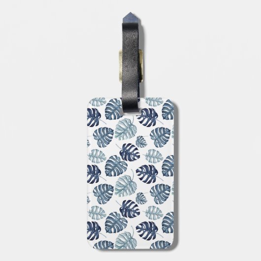 Monogram Azure Blue Tropical Blätter Gold Newlywed Gepäckanhänger (Rückseite vertikal)