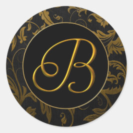 Monogram B Gold and Black Damask Wedding Siegel Runder Aufkleber