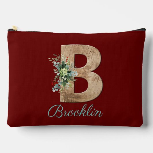 Monogram-B-Holzbuchstabe dunkelrote Blume Zubehörtasche (Vorderseite)