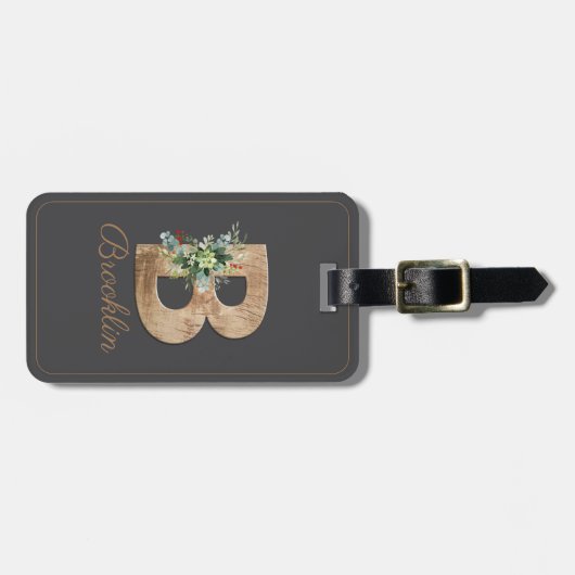 Monogram-B-Holzbuchstaben Blume grau Gepäckmarke Gepäckanhänger (Vorderseite horizontal)