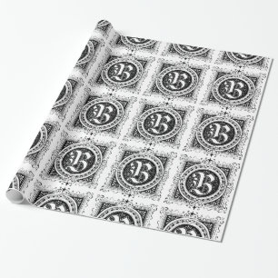 Monogram B Initial Black and White Square Pattern Geschenkpapier