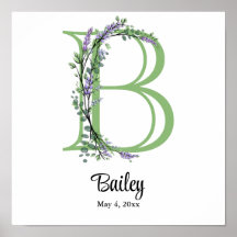 Monogram B Lavendel Eucalyptus Kinderzimmer Poster
