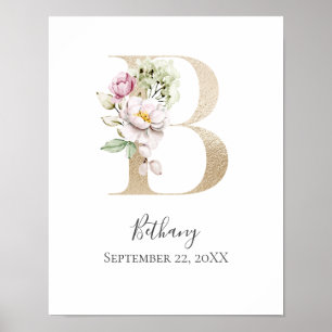 Monogram B Pink White Floral Gold Letter Kinderzim Poster