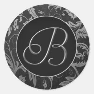 Monogram B Silver and Black Damask Wedding Siegel Runder Aufkleber