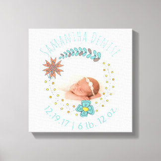 Monogram Baby Foto Boho Floral Geburtsankündigung Leinwanddruck