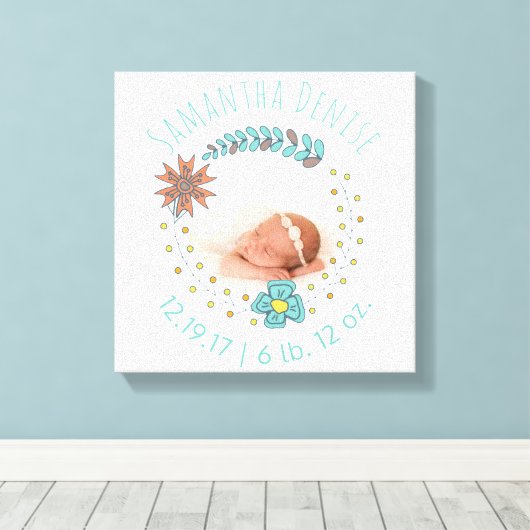 Monogram Baby Foto Boho Floral Geburtsankündigung Leinwanddruck (Insitu (Holzboden))
