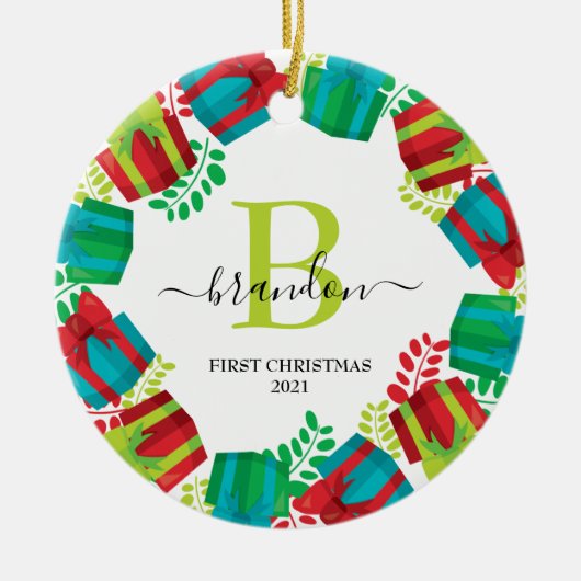 Monogram Baby Name First Christmas Xmas Wreath Keramik Ornament (Vorne)