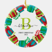 Monogram Baby Name First Christmas Xmas Wreath Keramik Ornament (Hinten)