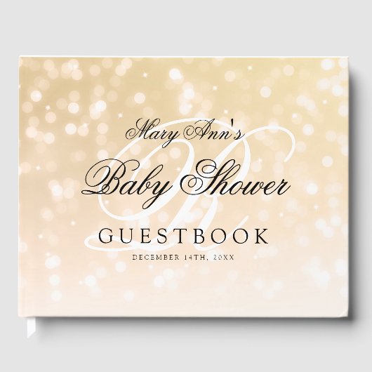Monogram Baby Shooting Gold Bokeh Sparkle Lights Gästebuch (Vorderseite)