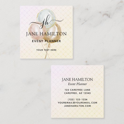 Monogram Balloons Event Plane Quadratische Visitenkarte (Vorne/Hinten)