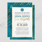MONOGRAM BAR MITZVAH aquamariner Blaugoldstreifen Einladung (Vorne/Hinten)