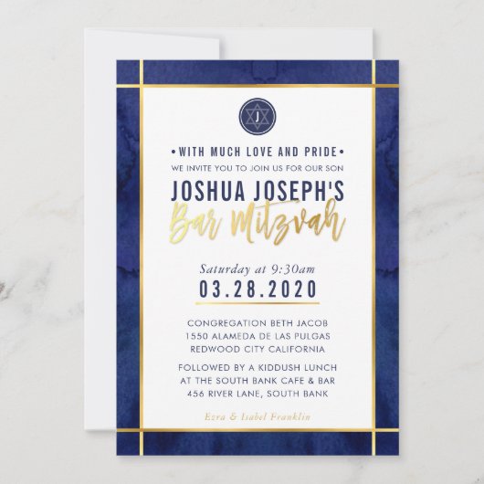 MONOGRAM BAR MITZVAH dunkelblaues Aquarellgold Einladung (Vorderseite)