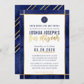 MONOGRAM BAR MITZVAH dunkelblaues Aquarellgold Einladung (Vorne/Hinten)
