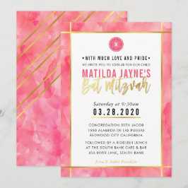 MONOGRAM BAT MITZVAH Korallenkoralle Rosa Goldstre Einladung