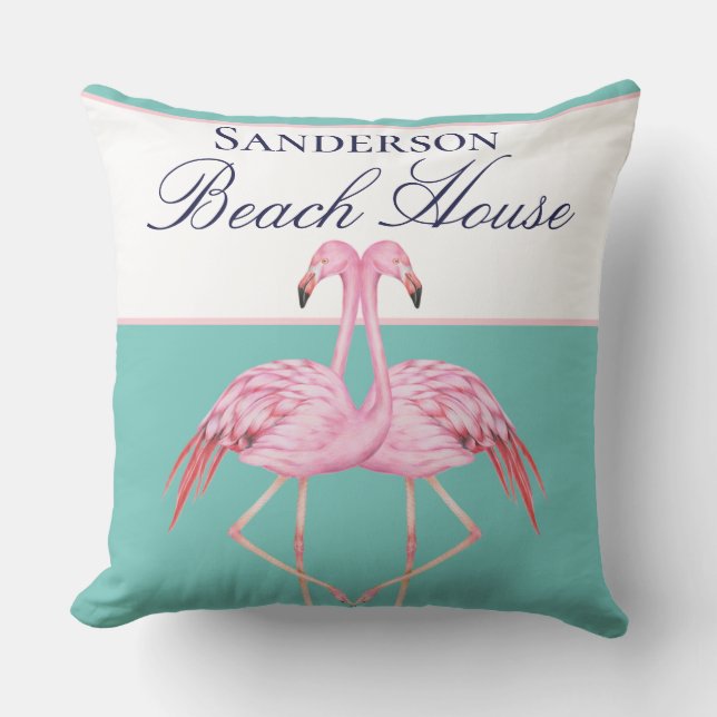 Monogram Beach House Aquamarin Marine Blue Flaming Kissen (Vorderseite)