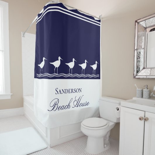 Monogram Beach House Marine Blue Sandpipers Duschvorhang (Beispiel)