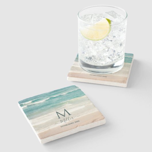 Monogram Beach Waves House Elegant St Steinuntersetzer (Seitenansicht)