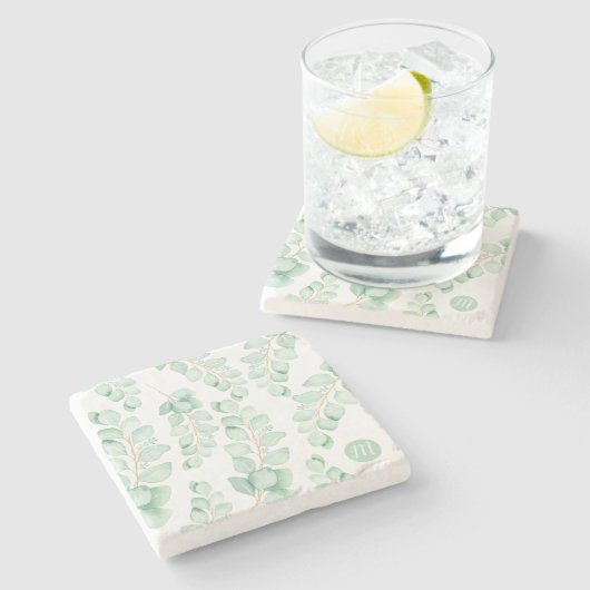 Monogram Beauty Sage Green Eucalyptus Pattern Steinuntersetzer (Seitenansicht)