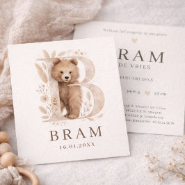 Monogram Beer Neutraaal Bosdier Jongen Geboorte Karte