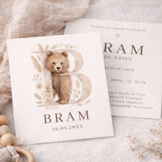 Monogram Beer Neutraaal Bosdier Jongen Geboorte Karte