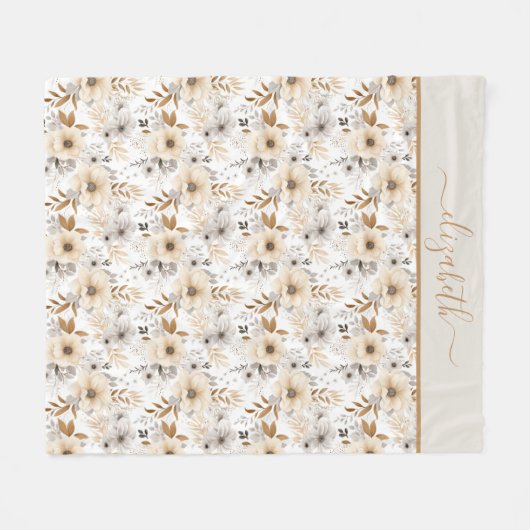 Monogram Beige Creme Brown Gray Floral Botanisch Fleecedecke (Vorderseite (Horizontal))
