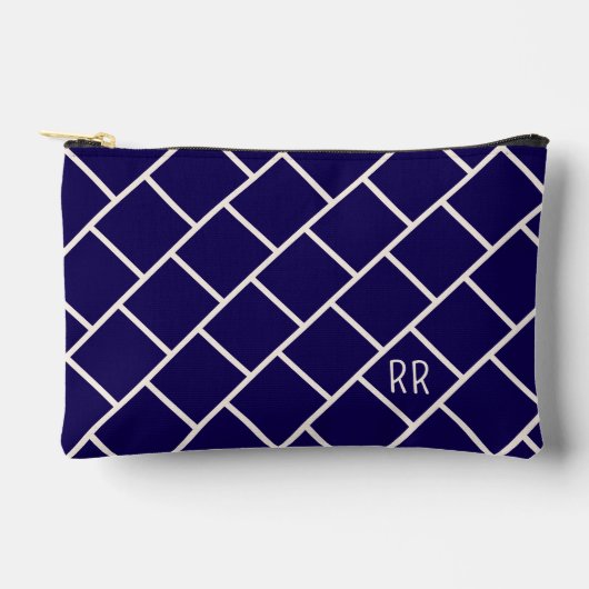 Monogram Beige & Navy Blue Stylish Trellis Pattern Zubehörtasche (Vorderseite)