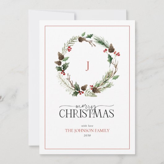 Monogram Berry Pinecone Wreath Frohe Weihnachten (Vorderseite)