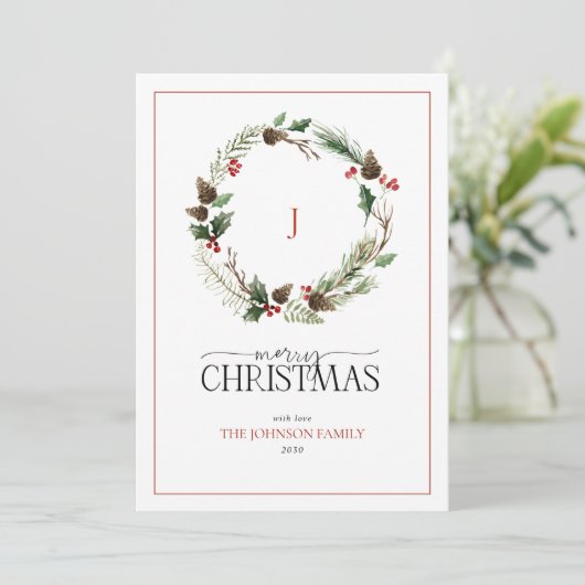 Monogram Berry Pinecone Wreath Frohe Weihnachten (Stehend Vorderseite)