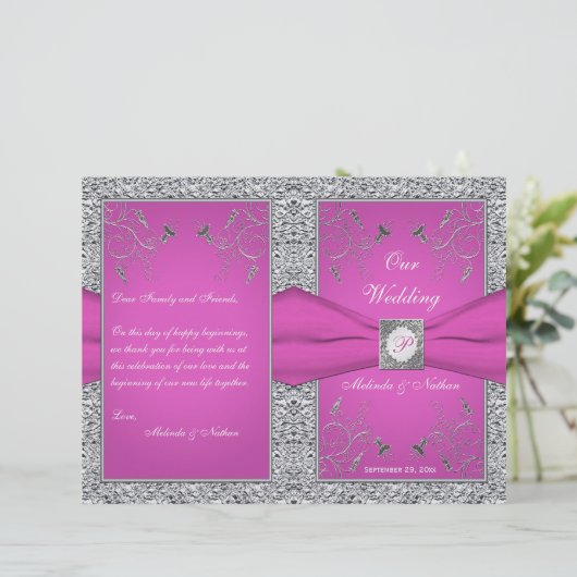Monogram Berry Pink, Silver Floral Wedding Program (Stehend Vorderseite)