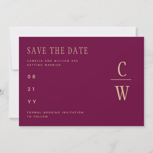 Monogram Berry Wine Gold Wedding Save the Date (Vorderseite)