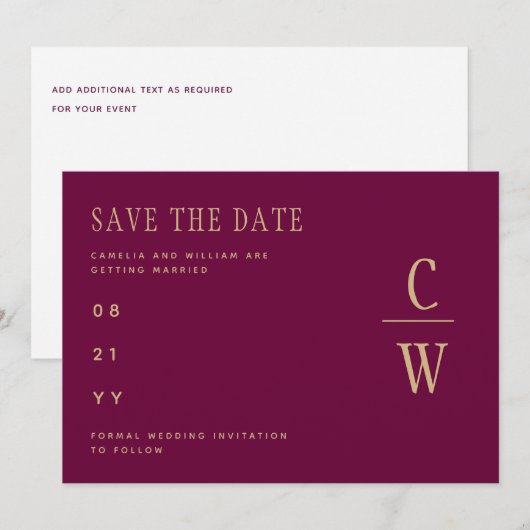 Monogram Berry Wine Gold Wedding Save the Date (Vorne/Hinten)