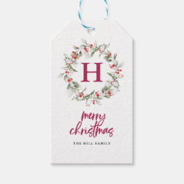 Monogram Berry Wreath Calligraphy Frohe Weihnachte Geschenkanhänger