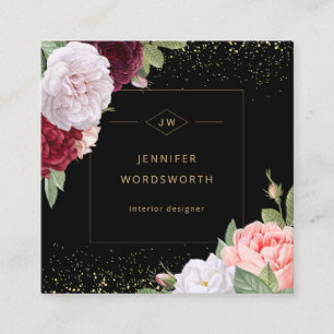 Monogram Beruflich Elegant Floral Rose Black Quadratische Visitenkarte