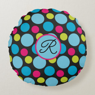 Monogram Big Dots Muster farbig, Hot Pink, Blau Rundes Kissen