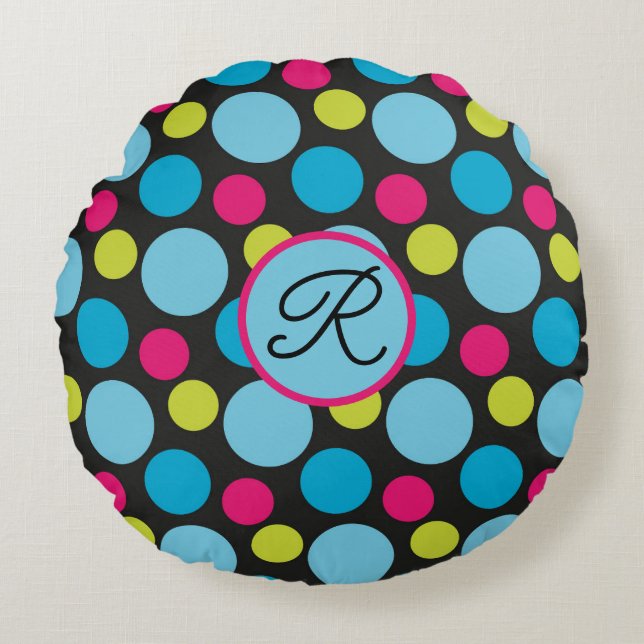 Monogram Big Dots Muster farbig, Hot Pink, Blau Rundes Kissen (Vorderseite)