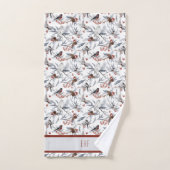 Monogram Bird White Gray Silver Branch Red Berries Badhandtuch Set (Handtuch)