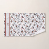 Monogram Bird White Gray Silver Branch Red Berries Badhandtuch Set (Handtuch)