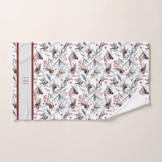 Monogram Bird White Gray Silver Branch Red Berries Badhandtuch Set (Handtuch)