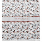 Monogram Bird White Gray Silver Branch Red Berries Duschvorhang (Vorderseite)