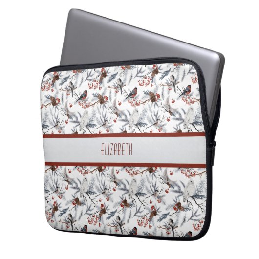 Monogram Bird White Gray Silver Branch Red Berries Laptopschutzhülle (Vorderseite Links)