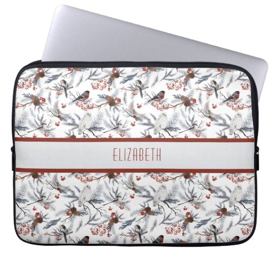 Monogram Bird White Gray Silver Branch Red Berries Laptopschutzhülle (Vorderseite)