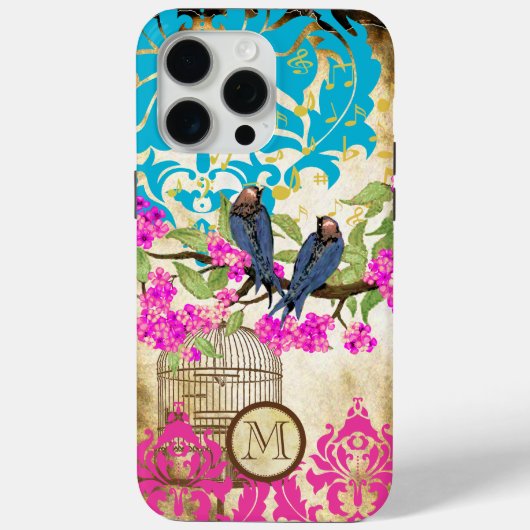 Monogram Birdcage Bird Damask Floral Case-Mate iPhone Hülle (Rückseite)