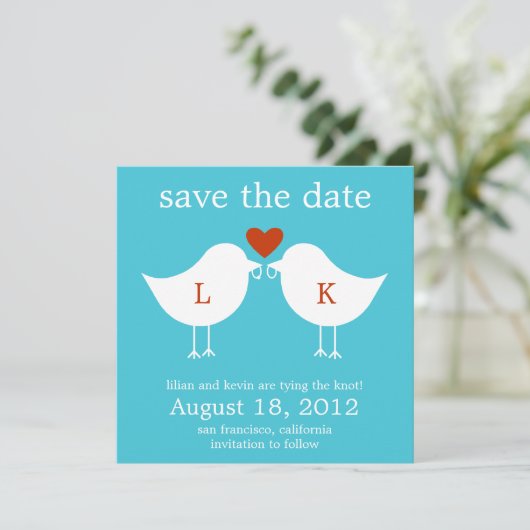 Monogram Birds Card - Türkis Save The Date (Stehend Vorderseite)